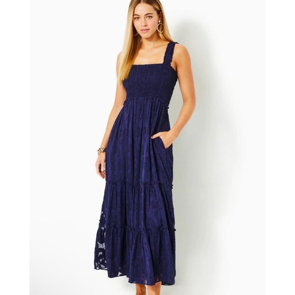 Lilly Pulitzer Dresses & Skirts - Lilly Pulitzer Hadley Smocked Maxi  Dress Small Navy Blue Paisley Preppy Tiered